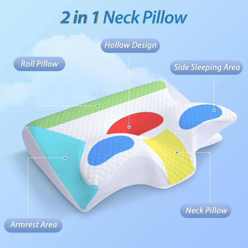 HOMCA Memory Foam Cervical Pillow, 2 in 1 Ergonomic Contour Orthopedic Pillow for Neck Pain, Contoured Support Pillows for Side Back Stomach Sleepers - Image 2